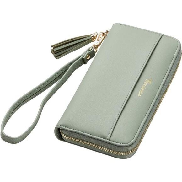 Handbags - Green Blooming Tassel Bifold Clutch Wristlet with Long Strap, Women's Wallet